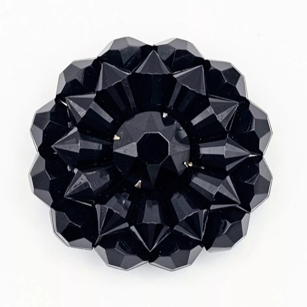 Vintage Black Lucite Geometric Flower Mourning Brooch Pin 2"